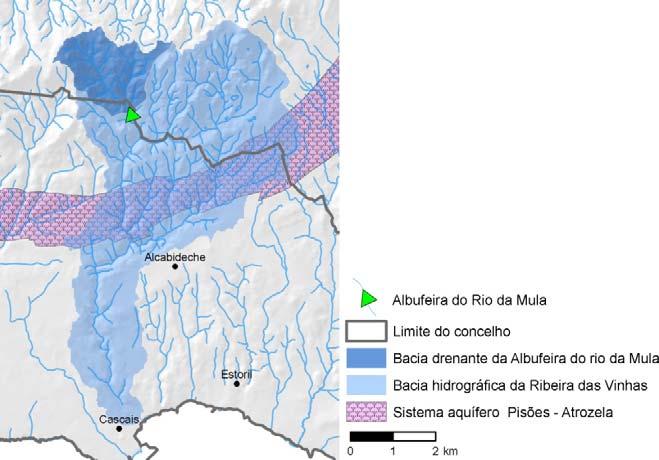 Figura 10 Bacia hidrográfica da ribeira das Vinhas com a delimitação da sub bacia hidrográfica do rio da Mula e a localização da albufeira do rio da Mula.