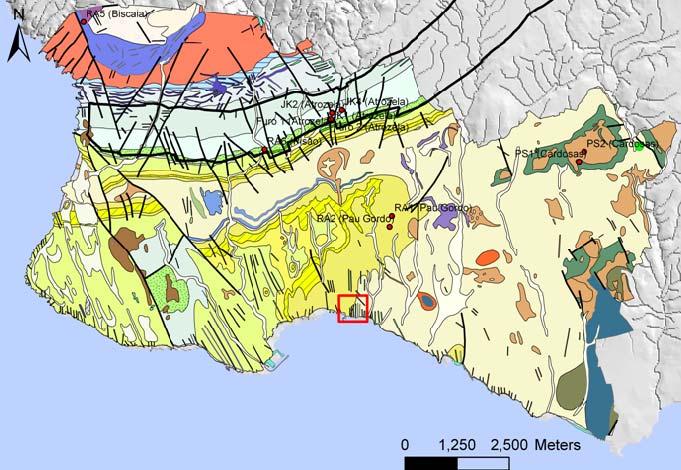 Legenda Localização da área termal Figura 4 Geologia na área do concelho de Cascais e localização dos furos pertencentes à empresa AdC (adaptado de Ramalho et al., 1999). 2.