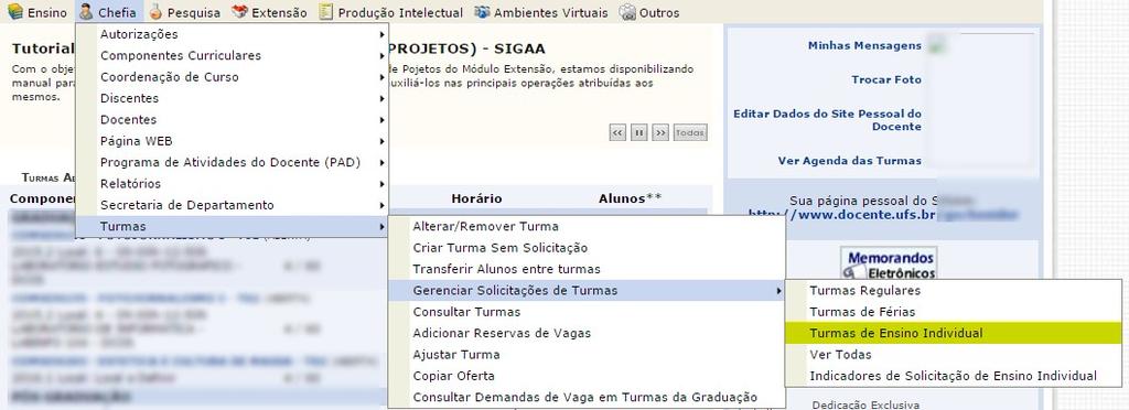 1 Criar turma de ensino individual: O fluxo de turmas de ensino individual, inicia-se com o discente realizando a solicitação da disciplina, conforme período definido em calendário acadêmico.