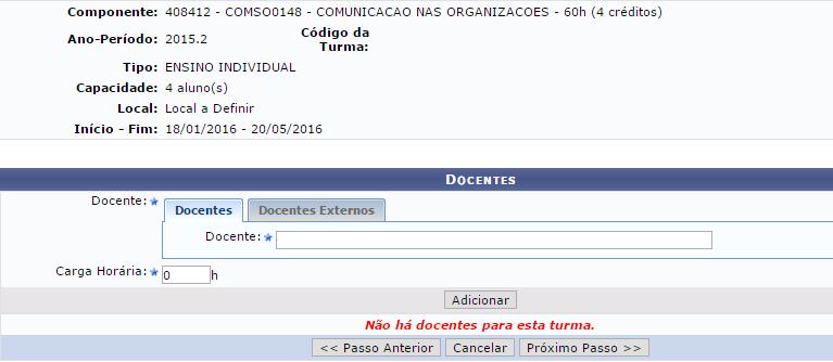 1 Criar turma de ensino individual: Atenção! As datas de início e fim das turmas não podem ser alteradas e são preenchidas automaticamente com as datas de início e fim do período letivo.