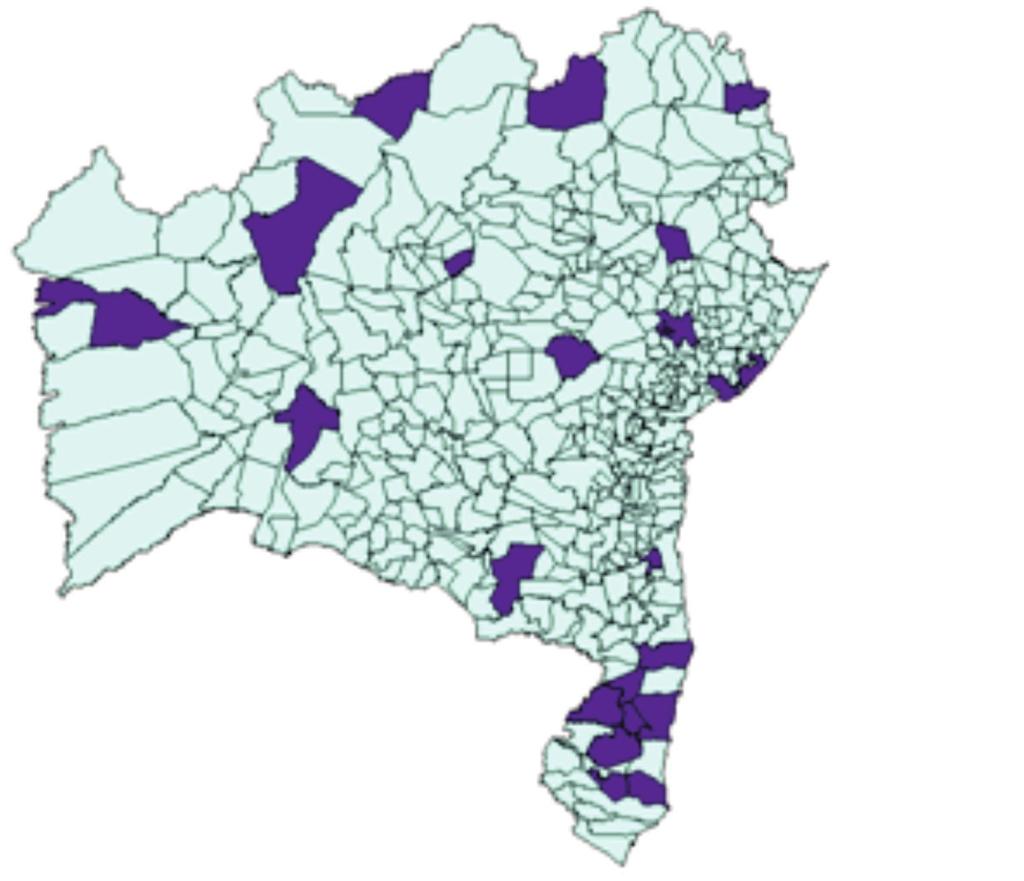 Figura 02 - Mapa de distribuição da hanseníase no estado da Bahia no período de 2001 a 2016.