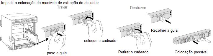 O disjuntor extraível na posição aberta, puxar a haste e bloquear o disjuntor por cadeado, (Cadeado não fornecido) Fechaduras e chaves serão fornecidas com o disjuntor, o