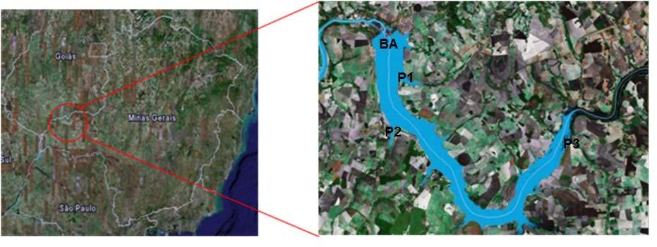 Figura 3. Foto de satélite do Reservatório de Cachoeira Dourada, rio Paranaíba, entre os estados de Minas Gerais e Goiás, mostrando a localização dos pontos de coleta.