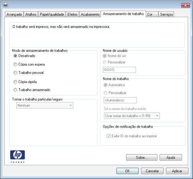 3. Clique na guia Armazenamento de trabalho. 4. Selecione a opção Modo de armazenamento de trabalho. Revisão e espera: Imprima e revise uma cópia de um trabalho e, em seguida, imprima mais cópias.