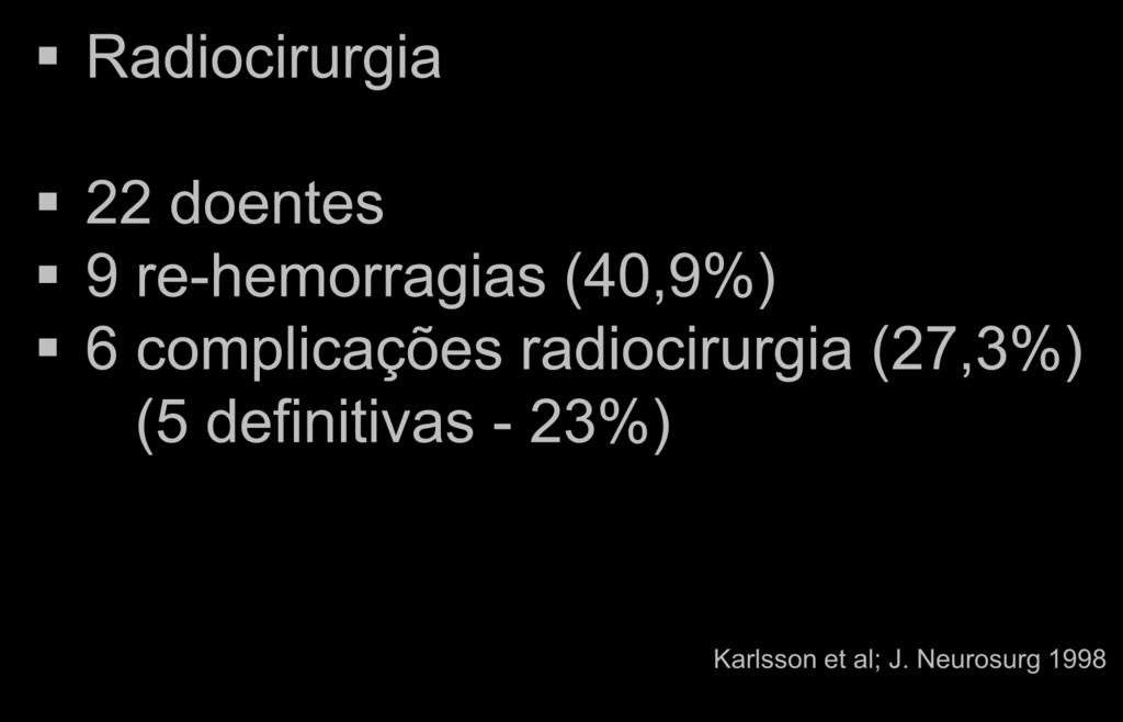 Cavernomas Radiocirurgia 22 doentes 9 re-hemorragias (40,9%) 6 complicações