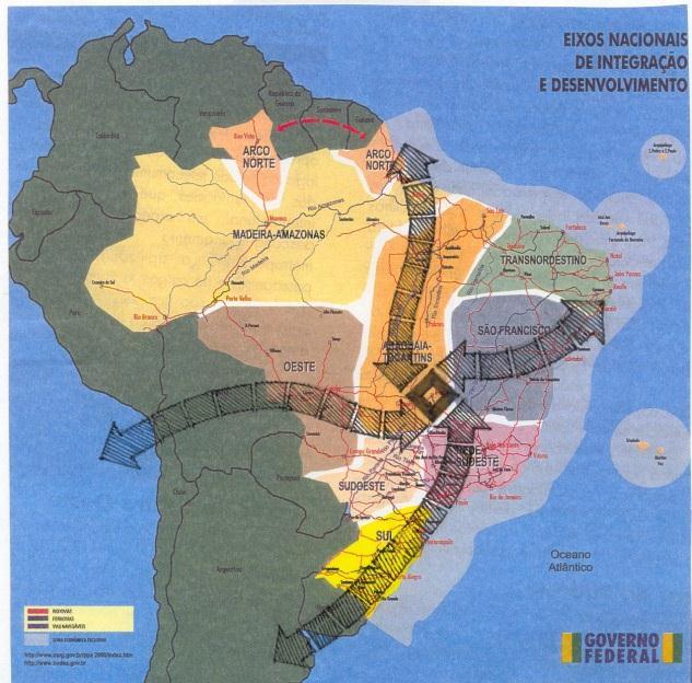 Fig. 02: Os grandes eixos nacionais de integração e desenvolvimento e a localização do DF / Brasília com relação aos mesmos (fonte: Plano Estratégico de Desenvolvimento Sustentável da Região