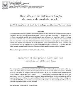 O P no Sistema Solo-Planta Fluxo Difusivo Solo Argila CMAP Níveis de Umidade Níveis de Fósforo 5 1 g kg -1 mg dm -3 % umol cm -2 / 15 dias LV1 13 399 7,87,8161 1,5121 1,131