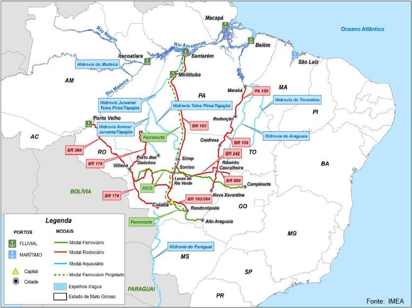 hidrovias do rio Madeira (RO) e do Tapajós (PA) são realidades que estão sendo consolidadas como destinos da produção exportada. Figura 18: Modais no Mato Grosso Fonte: Aprosoja (2014).