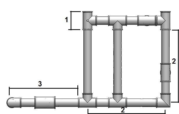 Passo 15 : Deve ser unir as 2 unidades do passo 5 com o passo 14 colocando cada extremidade do cano de diâmetro 32 x 300 mm de comprimento em uma extremidade livre do cotovelo de diâmetro 32 mm, como