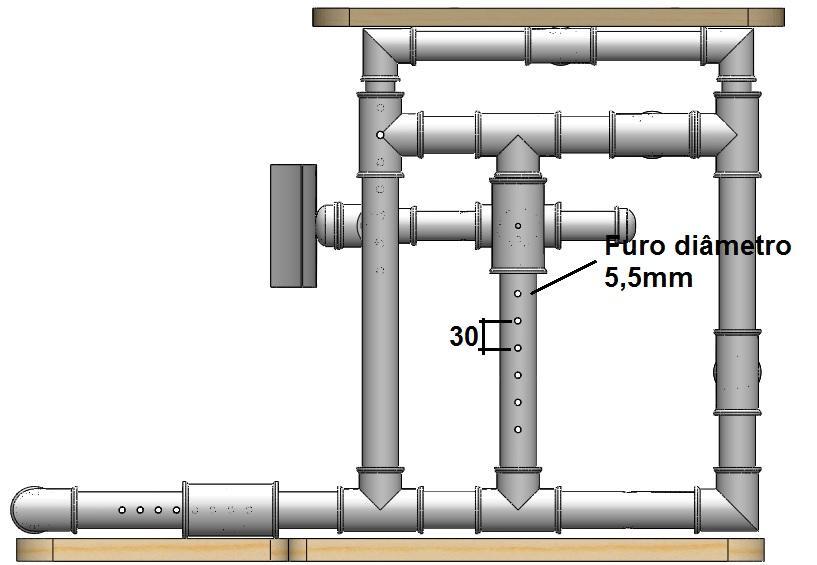 Passo 2: Para efetuar os demais furos do ajuste de joelho será necessário utilizar uma furadeira com broca de 5,5 mm realizando ao total um serie de 7 furos, passantes, espaçados entre si em 30 mm do