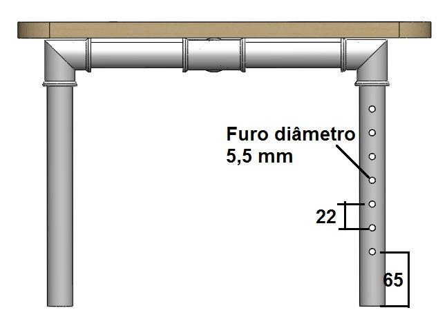 AJUSTE DA ALTURA DA MESA Passo 1: Para efetuar os furos do ajuste da altura da mesa será necessário utilizar uma furadeira com broca de 5,5 mm realizando ao total um serie de
