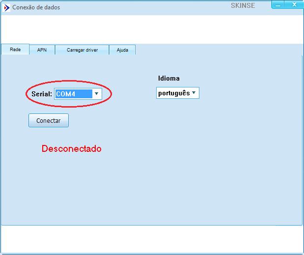 4. Abra o aplicativo e na guia Rede clique em Serial para verificar se existe a opção COMX, indicando que a instalação do drive foi corretamente instalada; Tela de seleção da porta serial do software