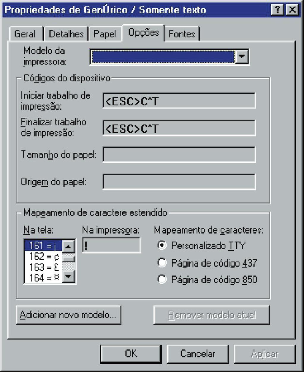 Para Windows 98 Na guia OPÇÕES, dentro do campo Iniciar Trabalho de Impressão e Finalizar Trabalho de Impressão