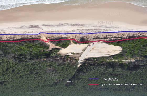 2 Perspetiva aérea oblíqua com representação da LPMAVE e da crista da escarpa de erosão na Praia de São Pedro da Maceda -