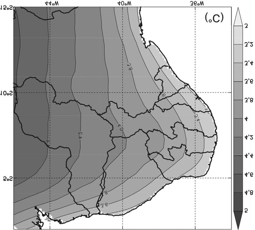 Alguns modelos projetam mudança na temperatura média do NEB para longo prazo em torno do dobro de aumento para o RCP8.5 em relação ao RCP4.5. A M segue essa linha, com aquecimento de 2,1 e 4 C no RCP4.