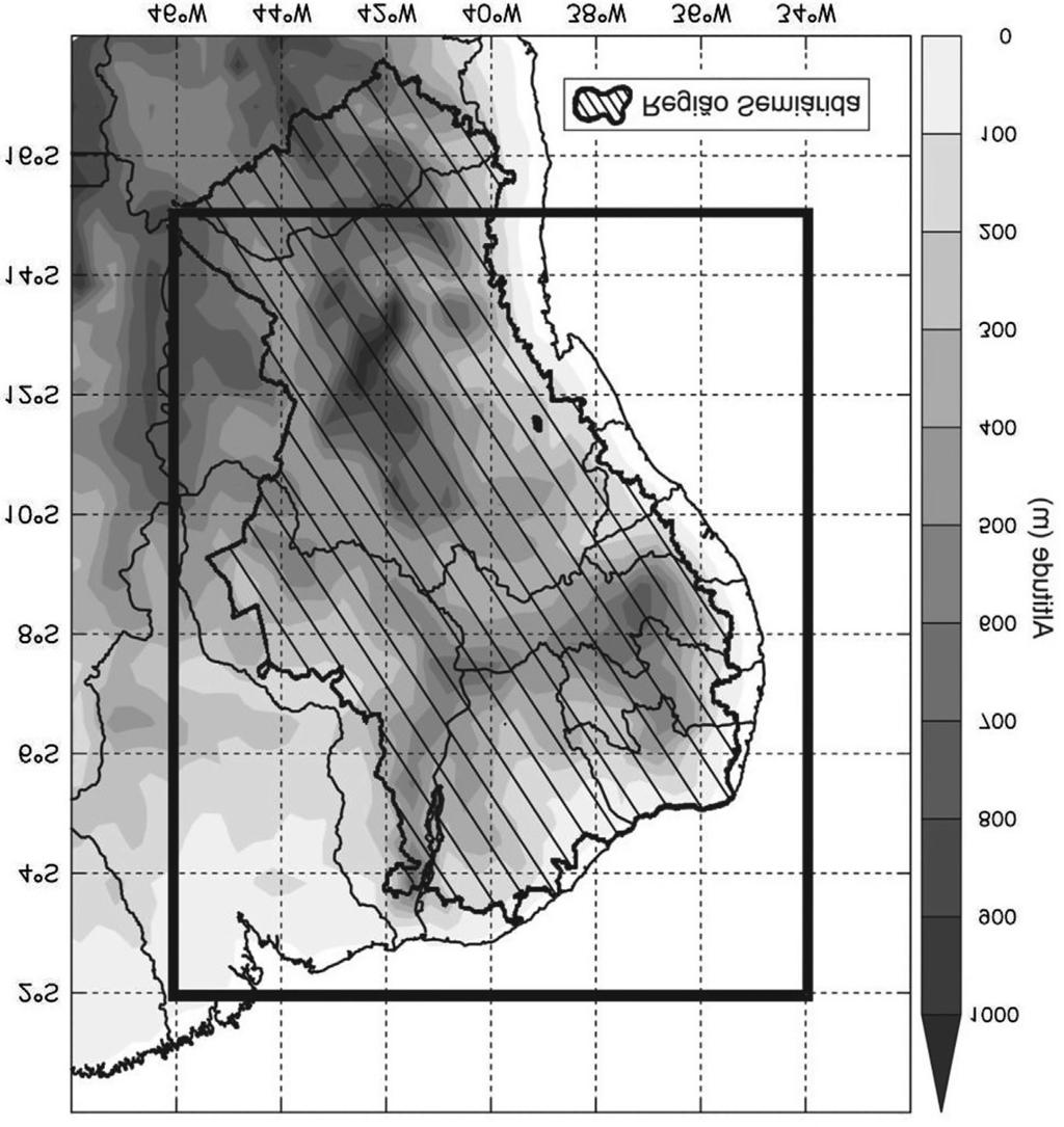 340 Guimarães et al. Figura 1 - Representação do relevo da região do Nordeste do Brasil. O quadro em preto (linha espessa) delimita a área escolhida para as análises.