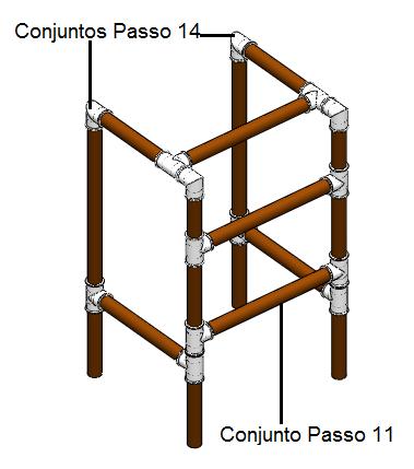 -Passo 12: Juntar uma conexão Tê com um cano de 244 mm, como mostrado na figura 15 (2 unidades); -Passo 14: Junte um Cotovelo 90 com o conjunto feito no passo 13, como mostrado na figura 17 (2