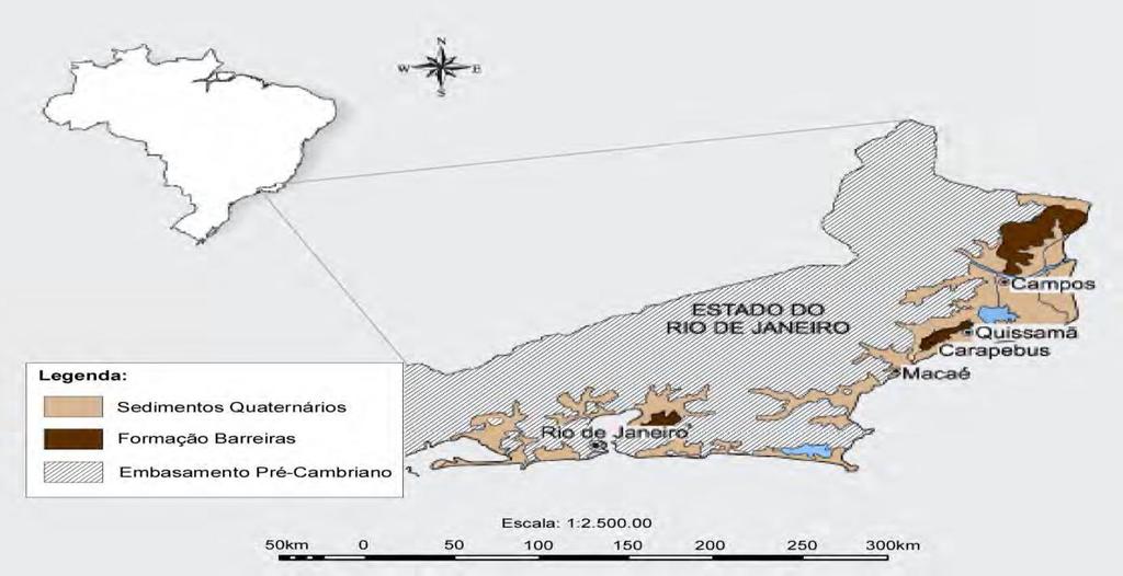 alargamento das cristas de praia, e ao sul aparecem as rochas do embasamento.