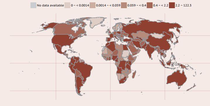 Figura 1: Países produtores de frutas, excluindo o melão (milhões de toneladas, em 2010).