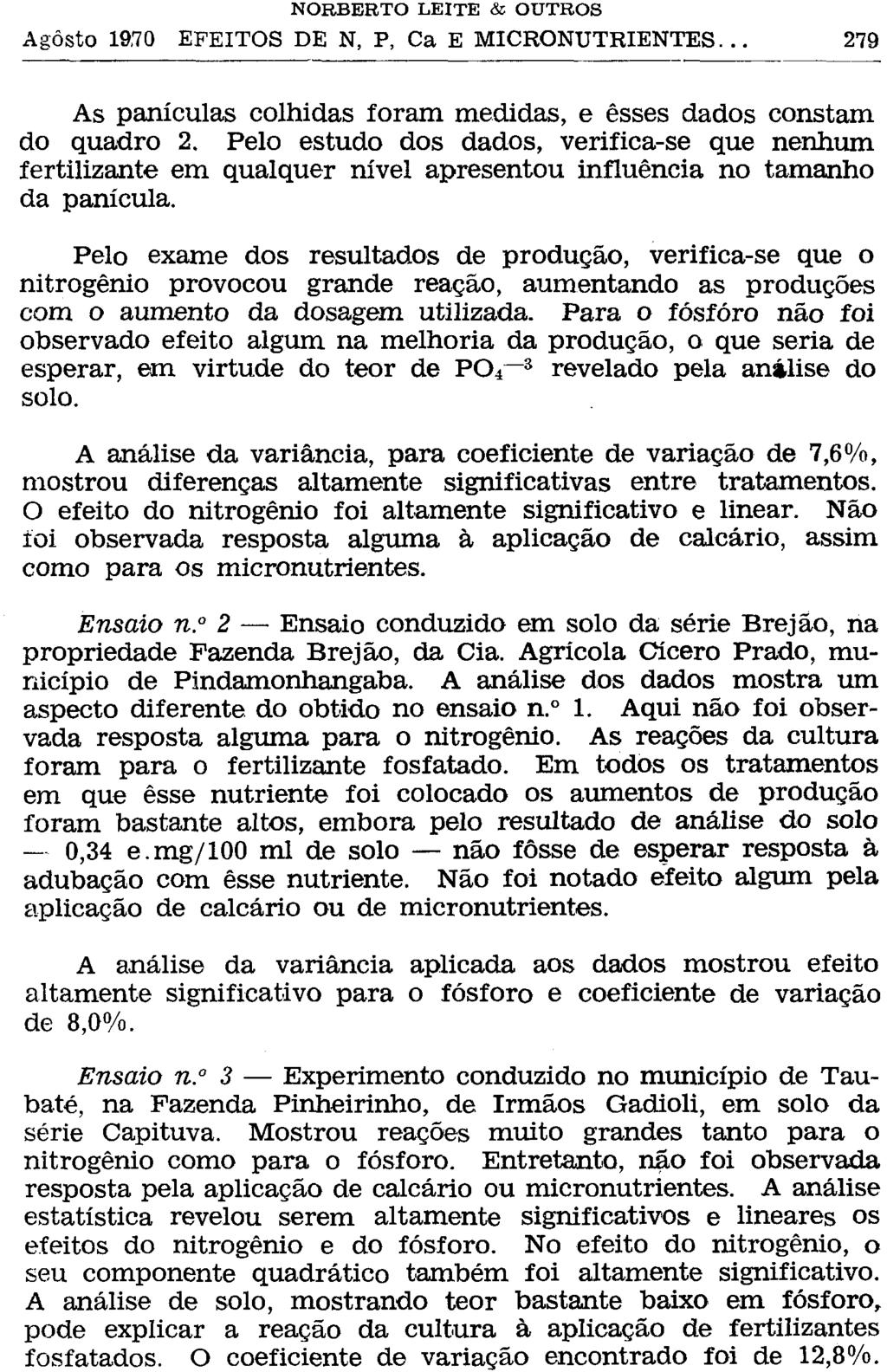 As partículas colhidas foram medidas, e esses dados constam do quadro 2. Pelo estudo dos dados, verifica-se que nenhum fertilizante em qualquer nível apresentou influência no tamanho da panícula.