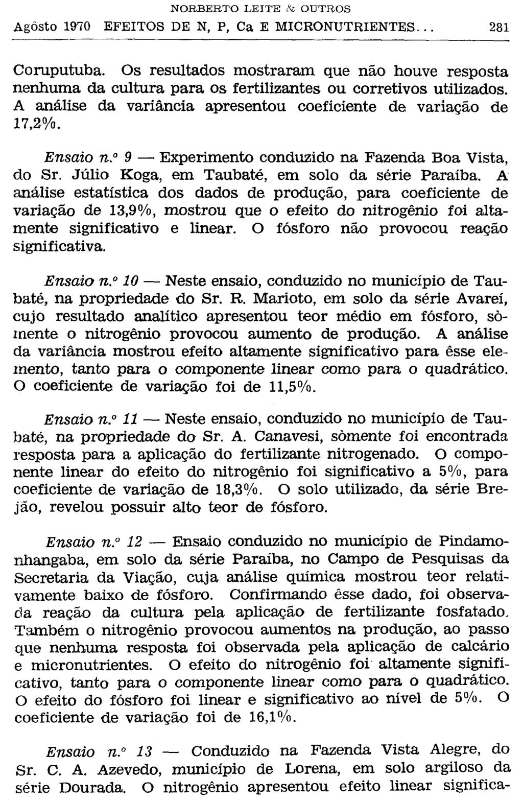 Coruputuba. Os resultados mostraram que não houve resposta nenhuma da cultura para os fertilizantes ou corretivos utilizados. A análise da variância apresentou coeficiente de variação de 17,2%.