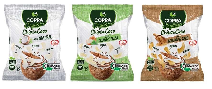 Chips de Coco Orgânico A outra novidade da Copra são os Chips de Coco, que prometem agradar os mais diversos paladares, como sugestão para o lanche intermediário.