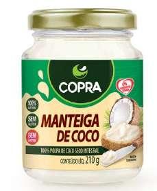 Óleo de Coco Sem Sabor Copra nas versões 200 ml e 500 ml Extraído da polpa do coco, sem glúten, 0% gorduras trans, rico em ácido láurico, fonte de TCM (triglicerídeo de cadeia média), não contém