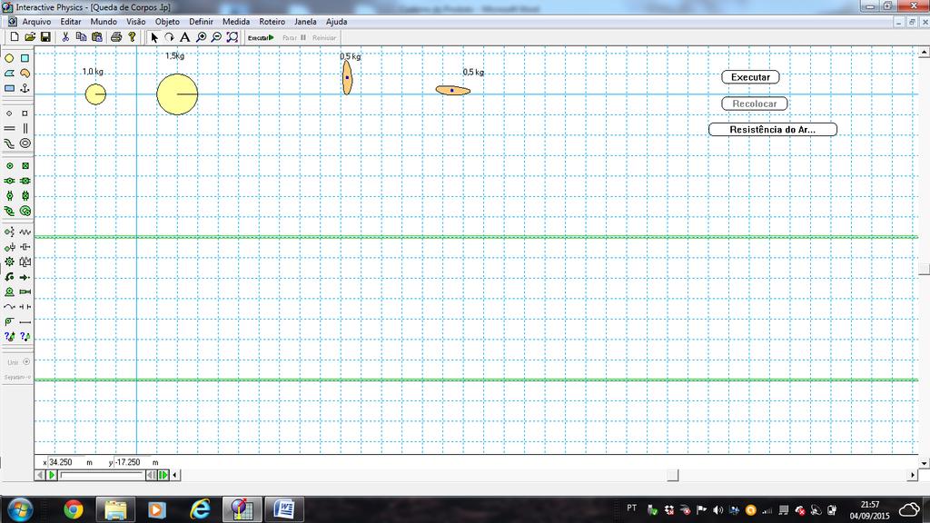 31 4.7 QUEDA DE CORPOS NA PRESENÇA DE AR E SEM AR Figura 4.7 Imagem da tela do computador- área de simulação Fonte: Print screen da tela do Software Interactive Physics 4.7.1.ORIENTAÇÃO PARA PREPARAR