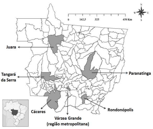 Prevalência de tuberculose... A B Figura 1. Mapas com ilustrações dos locais de coleta e efetivo bovino no estado de Mato Grosso, Brasil.