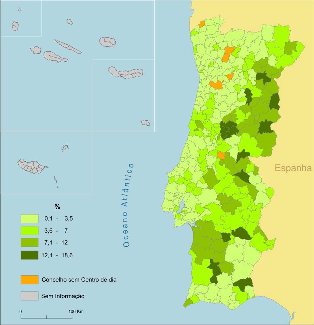 68 A IGUALDADE NO PAÍS, EM MAPAS E NÚMEROS FIGURA 24 CENTROS DE DIA: TAXA DE COBERTURA Fonte: GEP, 2008; INE, 2008 Os concelhos do interior do país são os que apresentam as taxas de cobertura de