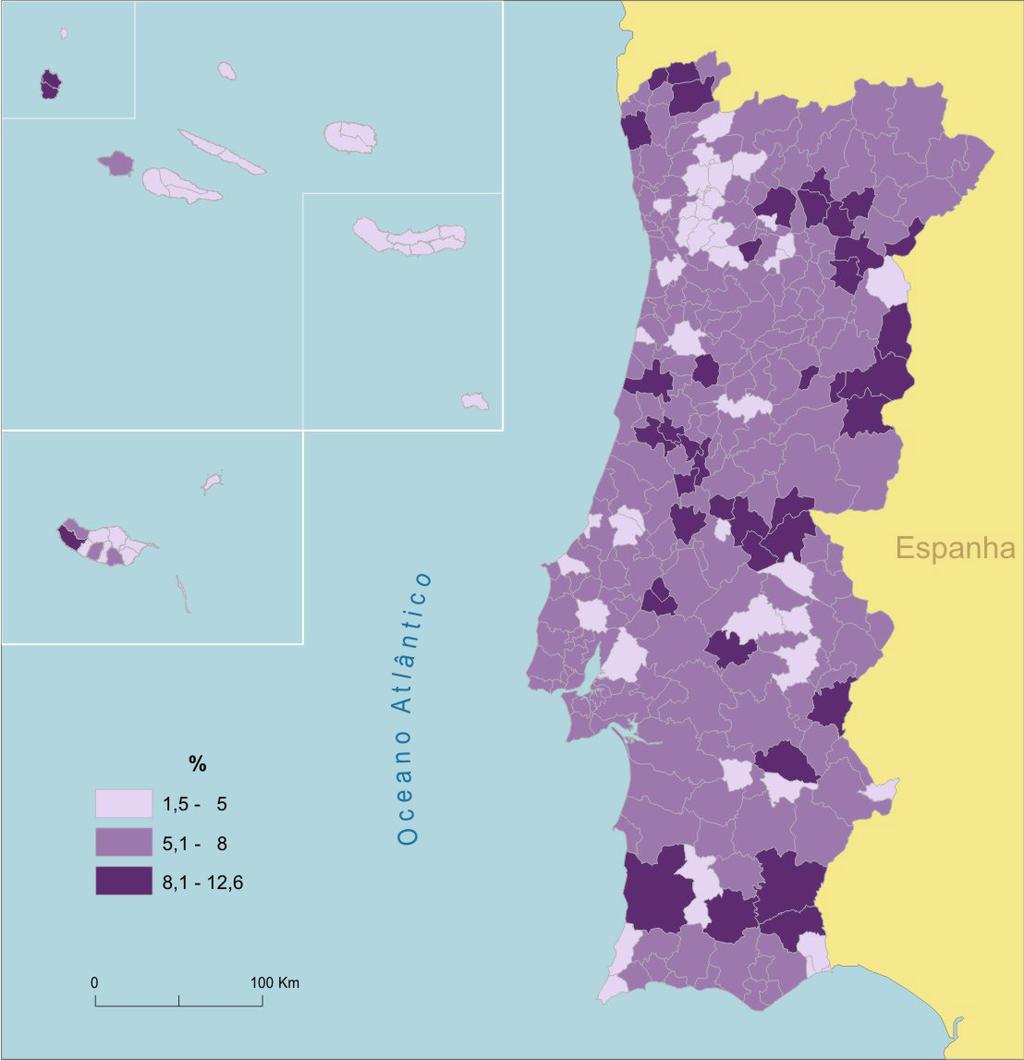 POLÍTICAS DE IGUALDADE NAS AUTARQUIAS LOCAIS 61 FIGURA 16 TAXA DE ATIVIDADE MASCULINA (QUOCIENTE ENTRE A POPULAÇÃO MASCULINA ATIVA E A POPULAÇÃO RESIDENTE