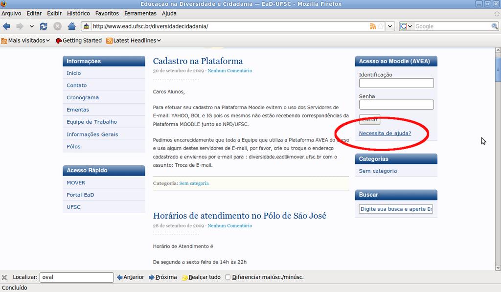 Ao clicar no seu curso no menu referenciado na figura 2.3, uma nova tela semelhante a figura 2.4 irá abrir. Nesta tela, assim como na referenciada anteriormente na figura 2.