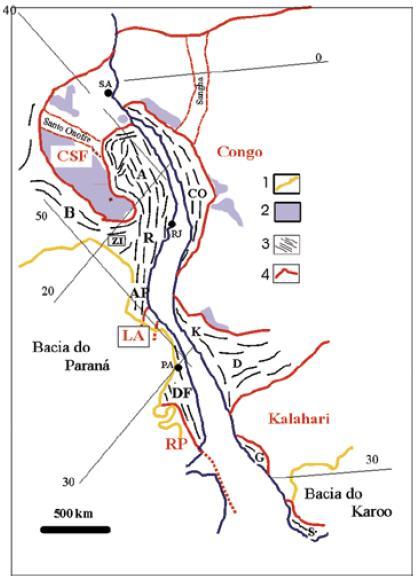Figura 5: Seção geológica NW/SE pelo segmento central da Faixa Ribeira, entre as cidades de São João Del Rei (MG) e Rio de Janeiro (RJ): 1- Rochas Alcalinas Meso-Cenozóico; 2- Granitóides