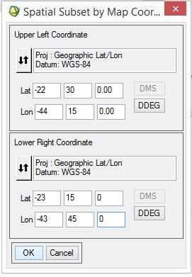 Na janela Spatial Subset by Map Coordinate que se abriu foram colocadas as coordenadas de latitude e longitude da área de estudo e dado Ok (Figura 45).