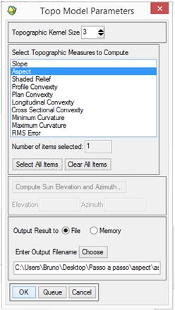 Na janela Topo Model Parameters que se abriu, no campo Select Topographic Measures to compute foi escolhida a opção aspect (orientação das