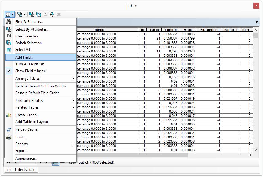 Na janela Table que se abriu, foi acessada a opção Table Options > Add Field (Figura 97) para a criação de um novo campo na tabela de atributos.