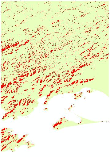 Figura 102: Imagem gerada com as classes Noroeste e 16º-90º em vermelho e as demais em bege.