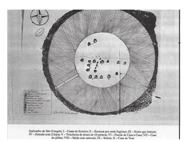 a flecha. Mapa 1: Quilombo do Ambrósio Fonte: Anais da Biblioteca Nacional, vol. 108, Rio de Janeiro, 1988, p. 111. Mapa 2: Quilombo de São Gonçalo Fonte: Anais da Biblioteca Nacional, vol.