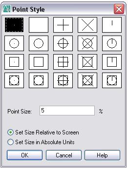 O tamanho do ponto (Point Size) pode ser em relação ao desenho (Set Size Relative To Screen) ou pode ter uma dimensão (Set Size in Absolute Units).