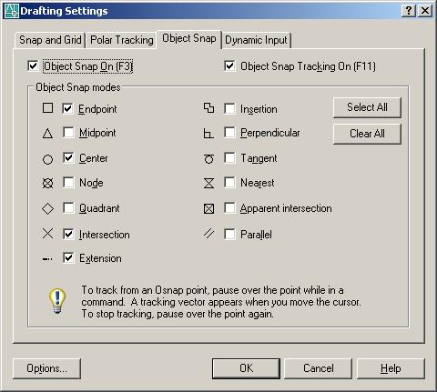 4. Object Snap Esta é uma grande ferramenta do AutoCAD. Com ela podemos selecionar os pontos de precisão sem precisar entrar no menu Osnap.