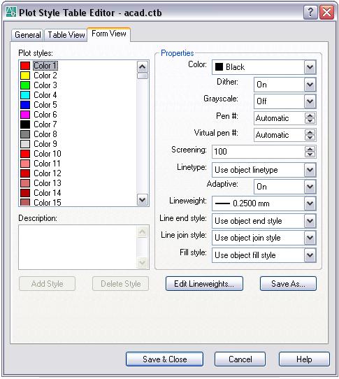 Então visualizaremos os seguintes novos campos: Plot Style Table (Pen Assignments) É a tabela de criação / configuração dos estilos de penas do AutoCAD.