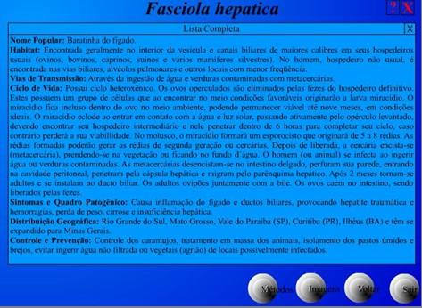 Figura 8 - Tela da Fasciola hepatica, da seção da seção Biologia dos Parasitas, janela do botão Lista Completa.