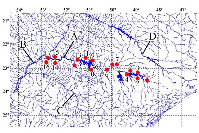 4 Figura 2. Localização dos 17 trechos de riacho amostrados na bacia do Rio Paranapanema: A) Rio Paranapanema, B) Rio Paraná; C) Rio Ivaí; D) Rio Tietê.