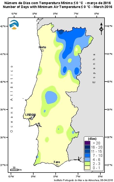 O número de dias com temperatura mínima igual ou inferior a 0 C em março (Figura 4) foi superior ao normal nas regiões do interior Norte e Centro.