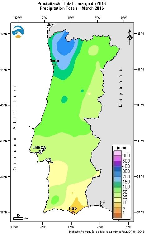 Figura 5 Distribuição espacial da precipitação total e respetiva percentagem em relação à média em março.