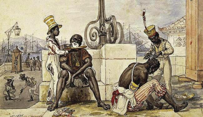 Figure 4. Street barbers, 1826 Rio de Janeiro. Water color by Jean Baptiste Debret.