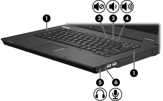 Hardware de multimédia Utilizar os recursos de áudio A figura e a tabela a seguir descrevem os recursos de áudio do computador. Componente Descrição 1 Alto-falantes (2) Produzem o som do computador.