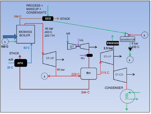 modo cogeração durante a safra (vapor e energia elétrica) e modo condensação no restante do ano. Isso somente pode ser obtido com a introdução de um combustível potenciador, o gás natural.