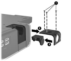 Para instalar a trava de cabo: 1. Passe o cabo ao redor de um objeto fixo. 2. Vire a estação de acoplamento de cabeça para baixo e depois remova os parafusos da porta da trava de cabo (1). 3.