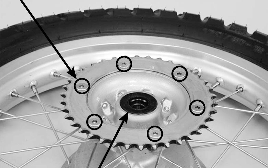 XR250 Quando a coroa de transmissão for substituída, limpe e aplique trava química nas roscas dos parafusos do flange. Instale uma nova coroa e aperte os parafusos/porcas juntamente com as arruelas.